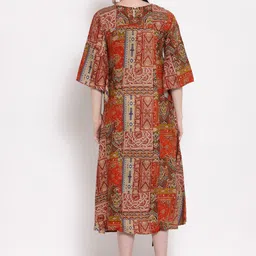 Indibelle Maroon & Beige Ethnic A-Line Midi Dress image 3