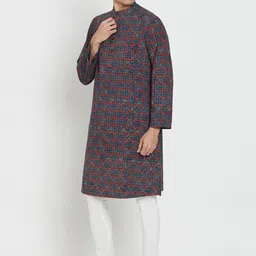 Fabindia Men Blue & Red Ethnic Motifs Printed Kurta image 4