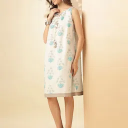 KALINI Floral Printed Tie-Up Neck Sleeveless Cotton A-Line Dress image 4