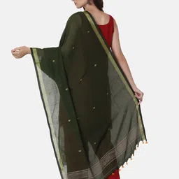 THE WEAVE TRAVELLER Green & Gold-Toned Woven Design Pure Cotton Dupatta with Zari image 4