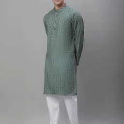 Anouk Teal Green and white Ethnic Printed Band Collar Pure Cotton Kurta with Pyjamas image 4