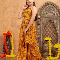 Aarika Girls Ethnic Motifs Printed Empire Mirror Work Kurta with Sharara image 3