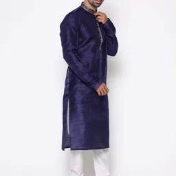 COCOI LIFESTYLE Men Navy Blue Dupion Silk Kurta with Pyjamas image 4