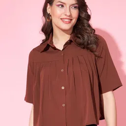 slenor Women Boxy Fit Solid Spread Collar Casual Shirt-picture-12