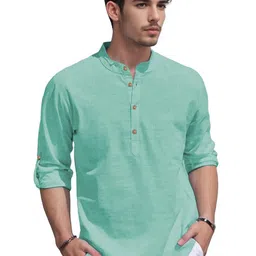 KNOWTED Mandarin Collar Roll-Up Sleeves Straight Short Kurta-image-89