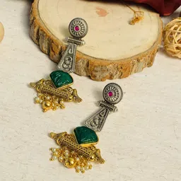 ABDESIGNS Gold-Plated Stone Studded & Beaded Classic Drop Earrings image 2