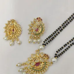 CAJ Gold-Plated Artificial Stone Studded & Beaded Mangalsutra With Earrings image 1