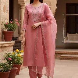House of Pataudi Embroidered Round Neck Kurta & Trousers with Dupatta Set-picture-11