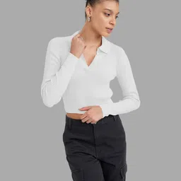 Maheshvi Women Ribbed Shirt Collar Long Sleeves Crop Top image 3