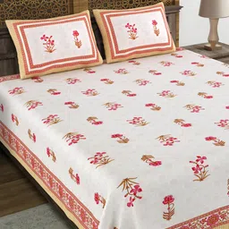 BLOCKS OF INDIA Off White & Peach-Coloured Floral 210 TC King Bedsheet with 2 Pillow Covers-picture-44
