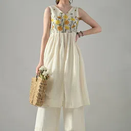 KALINI Floral Yoke Design Empire Thread Work Pure Cotton Kurta With Palazzo-picture-22