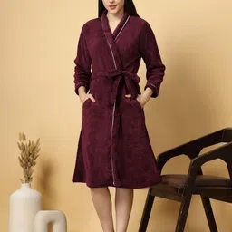 FABINALIV Maroon  Cotton Bath Robe With Belt & 2 Cross Pockets-image-21