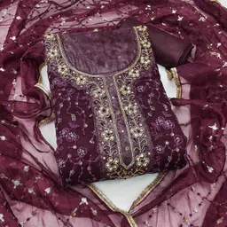 KALINI Floral Embroidered Sequinned Organza Unstitched Dress Material-image-73