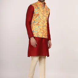 Sadree Mandarin Collar Long Sleeves Straight Kurta with Churidar & Nehru jacket image 4