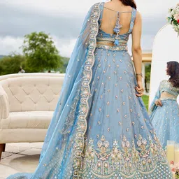 panchhi Sky Embroidered Satin Silk Sequinned Ready To Wear Lehenga & Blouse With Dupatta image 4