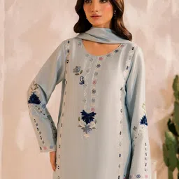 KALINI Women Blue Ethnic Motifs Embroidered Chanderi Silk Kurta With Trousers & Dupatta image 2