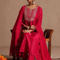 Janasya Women Pink Silk Blend Zari Yoke Embroidered A-line Kurta Set With Dupatta-picture-26