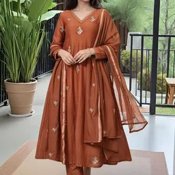 Moda Rapido Women Ethnic Motifs Embroidered V-Neck Kurta with Trousers & Dupatta-picture-18