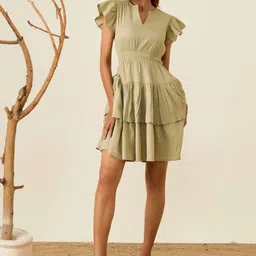 Roadster Ruffled Cap Sleeves V Neck Solid Mini olive Dress-picture-32