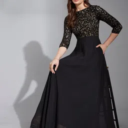 Life With Pockets Women Self Design Embellished Georgette Maxi Dress-picture-10