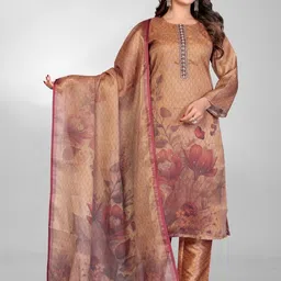 HERE&NOW Women Floral Printed Regular Thread Work Linen Kurta with Trousers & With Dupatta image 2