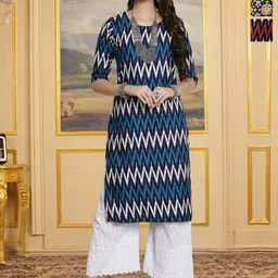 HERE&NOW Selection Of 3 Chevron Printed Round Neck Straight Kurtas-picture-36