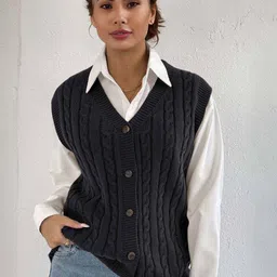 Blooming Tales Women Cable Knit Button Closer Sleevless Cardigan-picture-36