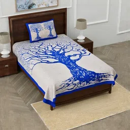 DHANOTA White & Blue Ethnic Motifs 160 TC Single Bedsheet with 1 Pillow Covers-image-26
