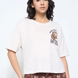 Dreamz by Pantaloons Women Printed Pure Cotton Round Neck Lounge Tshirts image 3