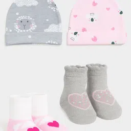 MiArcus Infant Girls Pack Of 2 Printed Beanie Caps with Ankle Length Printed Socks-picture-27