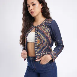 fusion by glitchez Floral Embroidered Collarless Tailored Jacket image 3