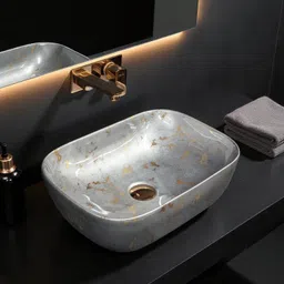 delta Premium Ceramic Grey & Gold Marble Finish Glossy Wash Basin for Home & Hotels (18x13x5)(M01-Silver) Table Top Basin-picture-42