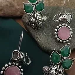 Sanjog Set Of 2 German Silver Silver-Plated Stones Circular Oxidised Drop Earrings image 2