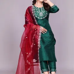 AVNISA ENTERPRISE Women Ethnic Motifs Embroidered Kurta with Trousers & Dupatta image 2