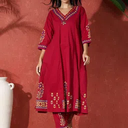 Sangria Floral Embroidered A-Line Pure Cotton Kurta & Trousers-image-75