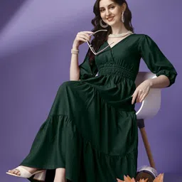 Raiyani Enterprise V-Neck Puff Sleeves Tiered Maxi Dress-image-62