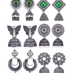 Sangria Set Of 6 Silver-Plated Stones-Studded & Beaded Oxidized Jhumka Earrings-image-61