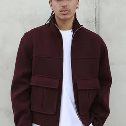 Bershka Mandarin Collar Texture Tailored Jacket With Zip Detail image 1