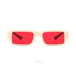 OUDI Women Red Lens & White Rectangle Sunglasses with image 2