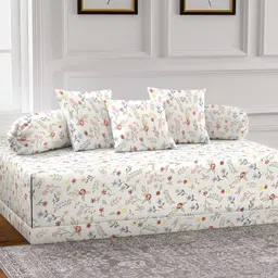 Aura Set Of 6 Off White & Red Printed Geometric TC Floral Diwan Set-image-92