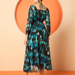 Antheaa Women Abstract Printed Halter Neck Embellished Fit and Flare Midi Dresses image 2