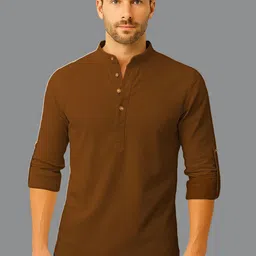 BHUVIKOO Mandarin Collar Roll-Up Sleeves Straight Kurta image 1