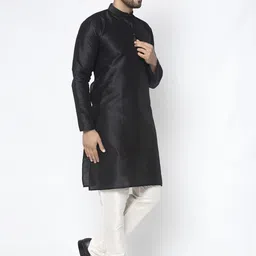 Jompers Men Black Solid Dupion Silk Thread Work Straight Kurta image 2
