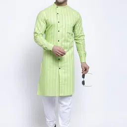 KLOTTHE Men Green Striped Thread Work Kurta image 5