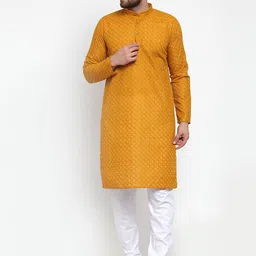 Jompers Men Mustard Yellow Thread Work Cotton Kurta image 2