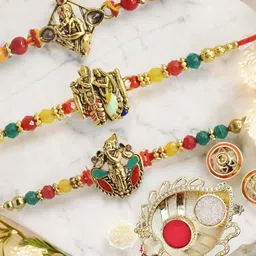 MEIRA JEWELLERY Set Of 3 Stone-Studded & Beaded Rakhi With Greeting Card Gift Set-picture-31