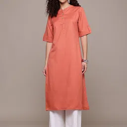 Popnetic Band Collar Roll-Up Sleeves Straight Kurta-picture-17