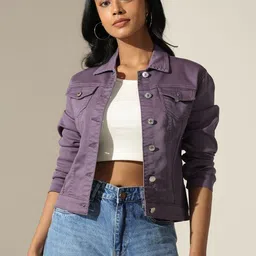 SHOWOFF Women Spread Collar Solid Windcheater Denim Jacket-image-77