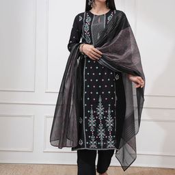 Vishudh Floral Embroidered Notch Neck Straight Kurta With Trousers And Dupatta-picture-14