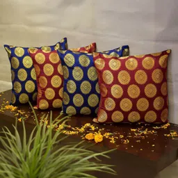 RoyalDeco Maroon & Blue 4 Pieces Ethnic Motifs Brocade Square Cushion Covers-image-48